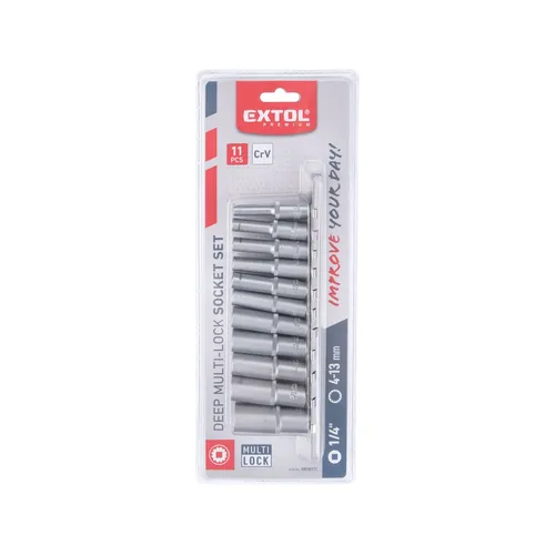 Hlavice nástrčné prodloužené, multi-lock, sada 11ks, 1/4"(4-13mm), crv EXTOL PREMIUM 8818111