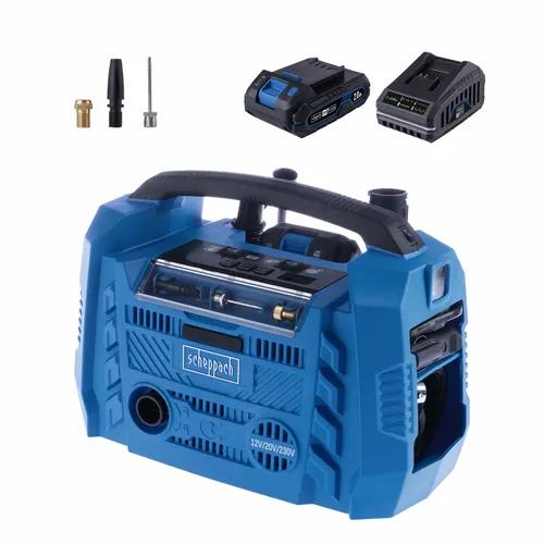 Scheppach Air Force 6-SET S hybridní kompresor (20 V IXES aku, 12 V, 230 V) + 2Ah baterie + nabíječka 2,4 A