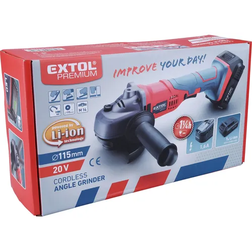 Zrušeno! nahrazeno výrobkem 8891838, bruska úhlová aku share20v, 115mm, 2ah EXTOL PREMIUM 8891840