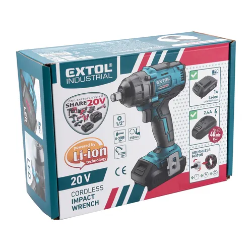 Utahovák rázový 1/2" aku share20v, 250nm, brushless, 2ah EXTOL INDUSTRIAL 8791810