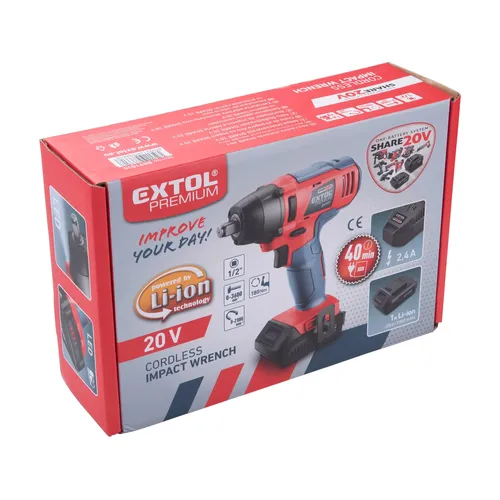 Utahovák rázový 1/2" aku share20v, 180nm, bez baterie a nabíječky EXTOL PREMIUM 8891811