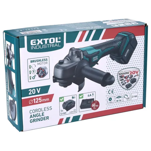 Bruska úhlová aku share20v, 125mm, brushless, 4ah EXTOL INDUSTRIAL 8791842