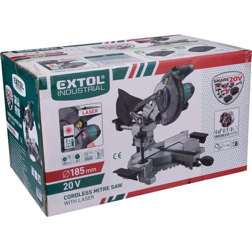Pila pokosová 185mm aku s laserem share20v, brushless, 2ah EXTOL INDUSTRIAL 8791826