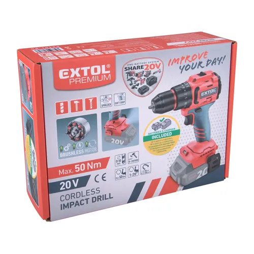 Vrtací šroubovák aku s příklepem share20v, 50nm, brushless, 2ah EXTOL PREMIUM 8891808