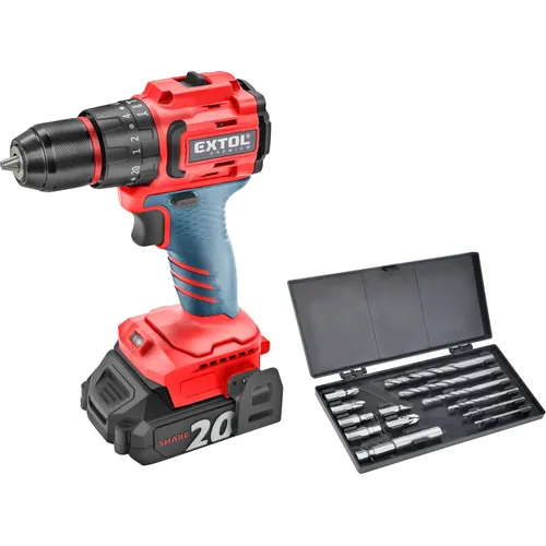 Vrtací šroubovák aku s příklepem share20v, 50nm, brushless, 2ah (2×) EXTOL PREMIUM 8891806