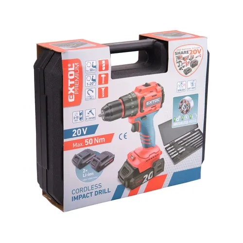 Vrtací šroubovák aku s příklepem share20v, 50nm, brushless, 2ah (2×) EXTOL PREMIUM 8891806