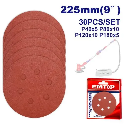 Emtop Sada 30 ks brusných disků 225mm se suchým zipem pro brusku na sádrokarton