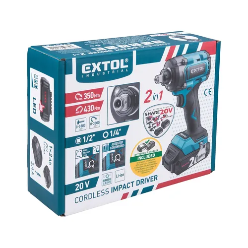 Utahovák rázový 2v1 (1/4" a 1/2") aku share20v, 430nm, brushless, 2ah EXTOL INDUSTRIAL 8791870