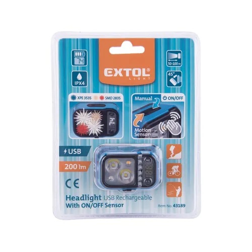 Čelovka 200lm, xpg, usb nabíjení EXTOL LIGHT 43189
